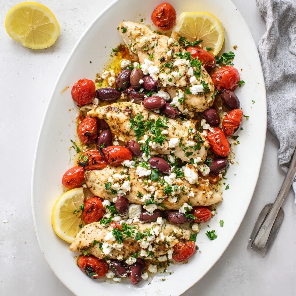 Juicy lemon-marinated Greek chicken breasts topped with melting feta cheese and Kalamata olives