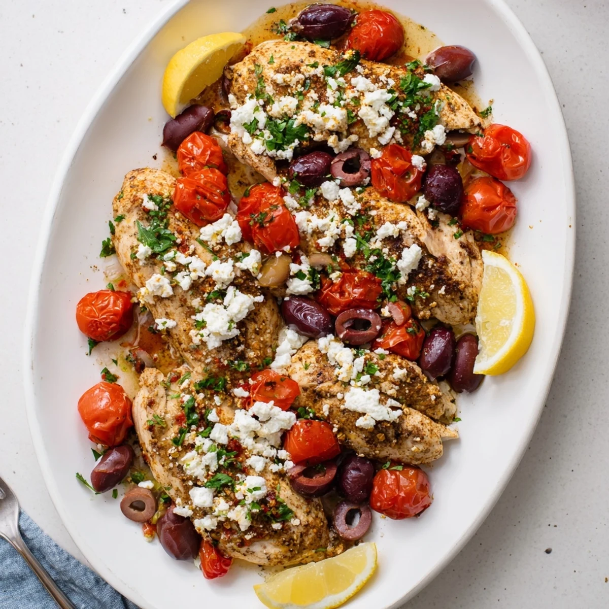 Colorful Greek chicken with lemon and feta served with roasted tomatoes and parsley sprigs