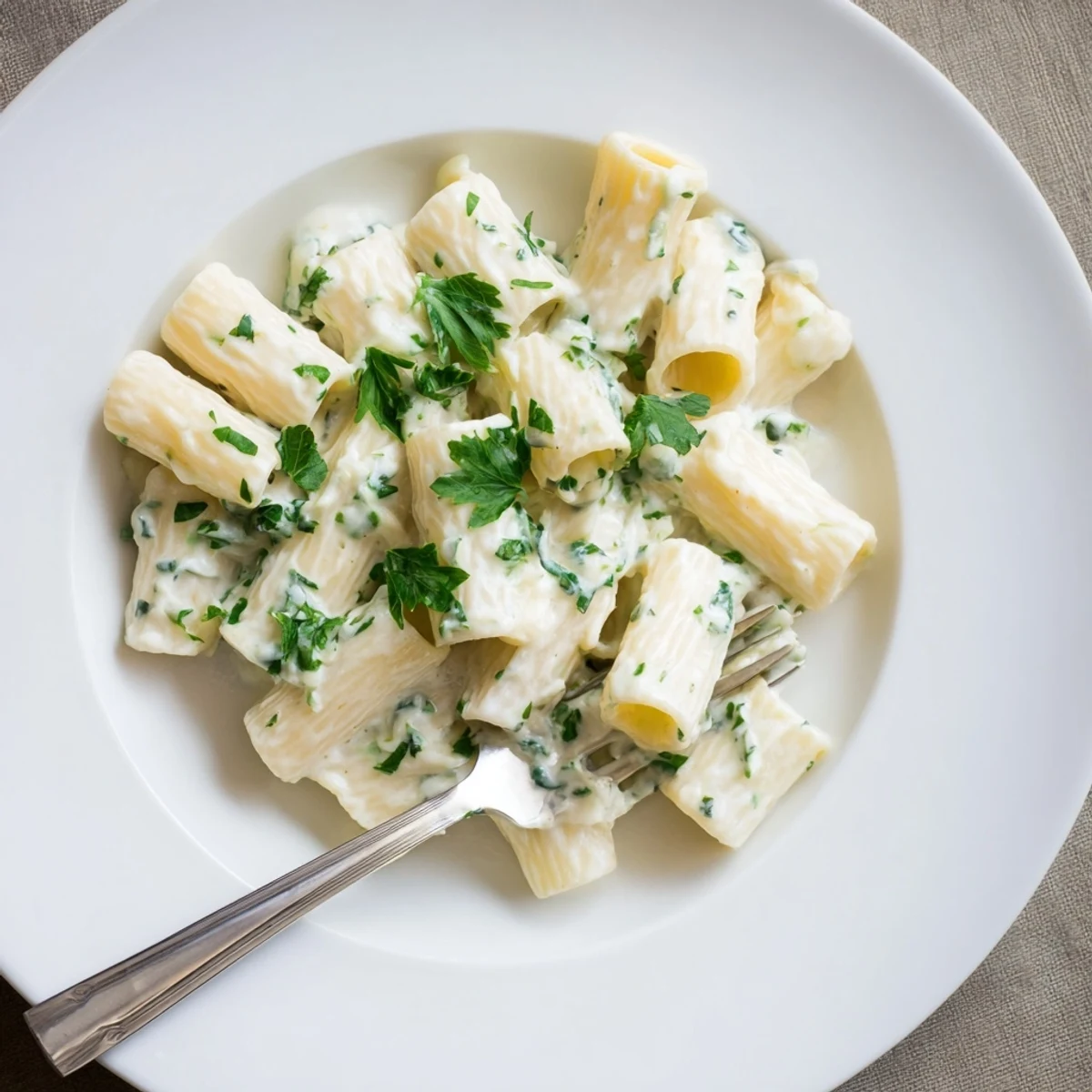 Creamy rich garlic sauce drizzled over steamed vegetables with fresh parsley garnish