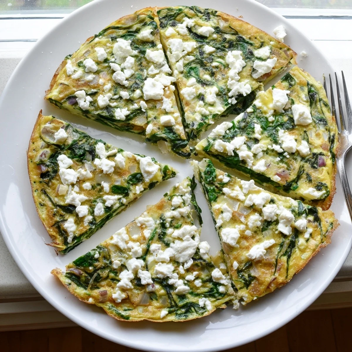 Golden spinach frittata with feta cheese freshly baked in a cast iron skillet
