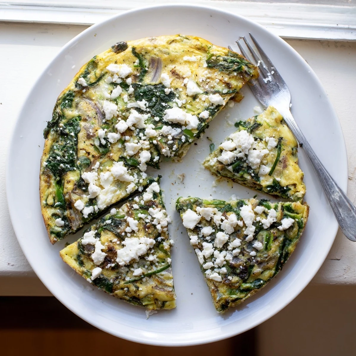 Fluffy Mediterranean spinach frittata with crumbled feta served warm for breakfast or brunch