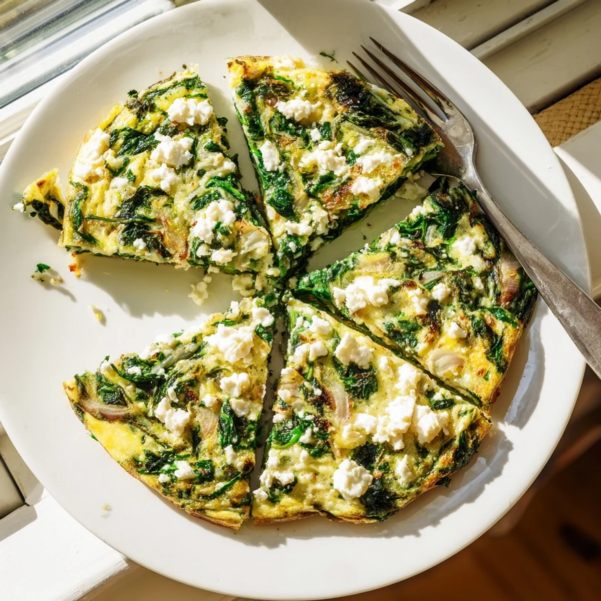 Savory egg and spinach frittata topped with tangy feta cheese, perfect for brunch