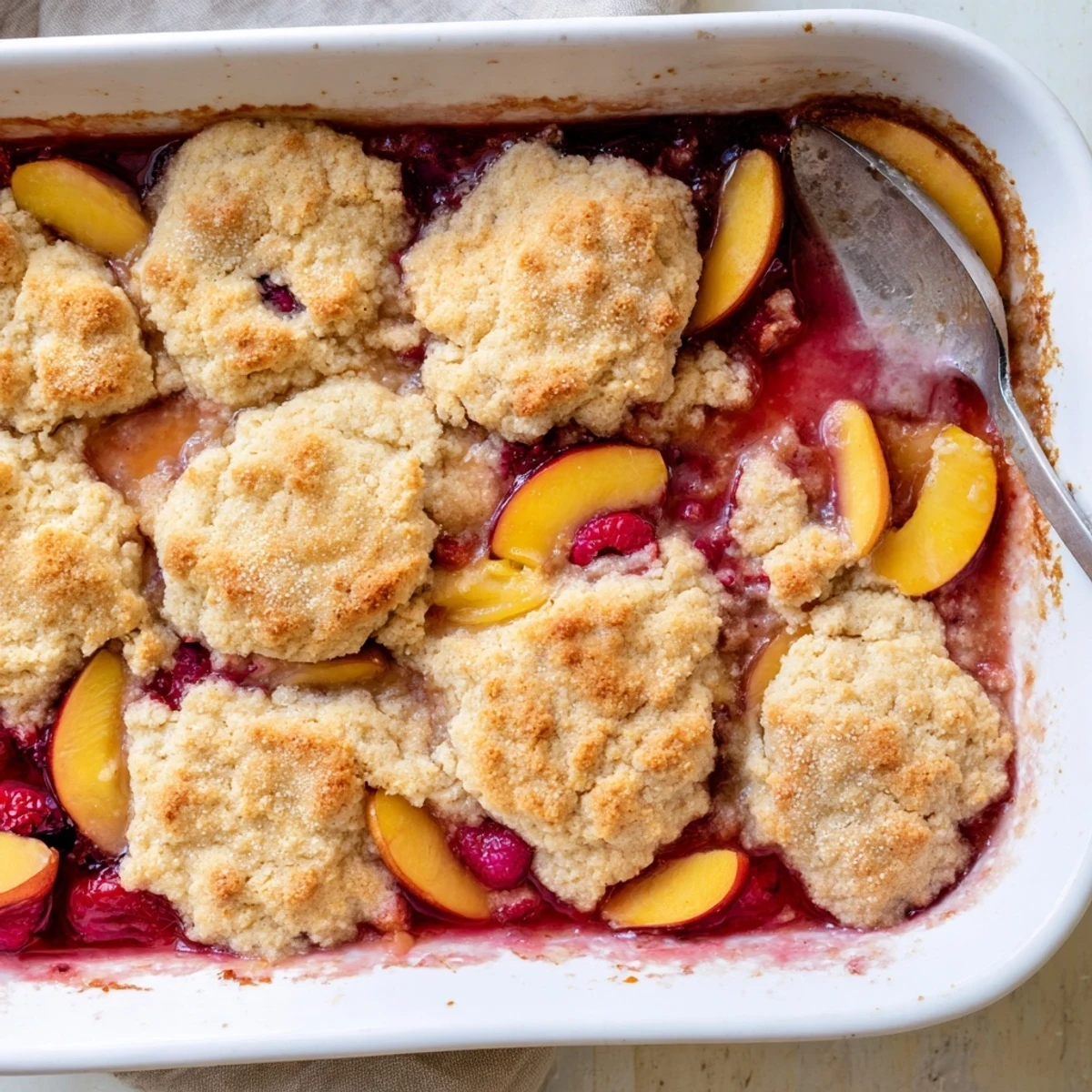 Golden peach raspberry cobbler topped with buttery biscuits, fresh from the oven with bubbling fruit filling beneath