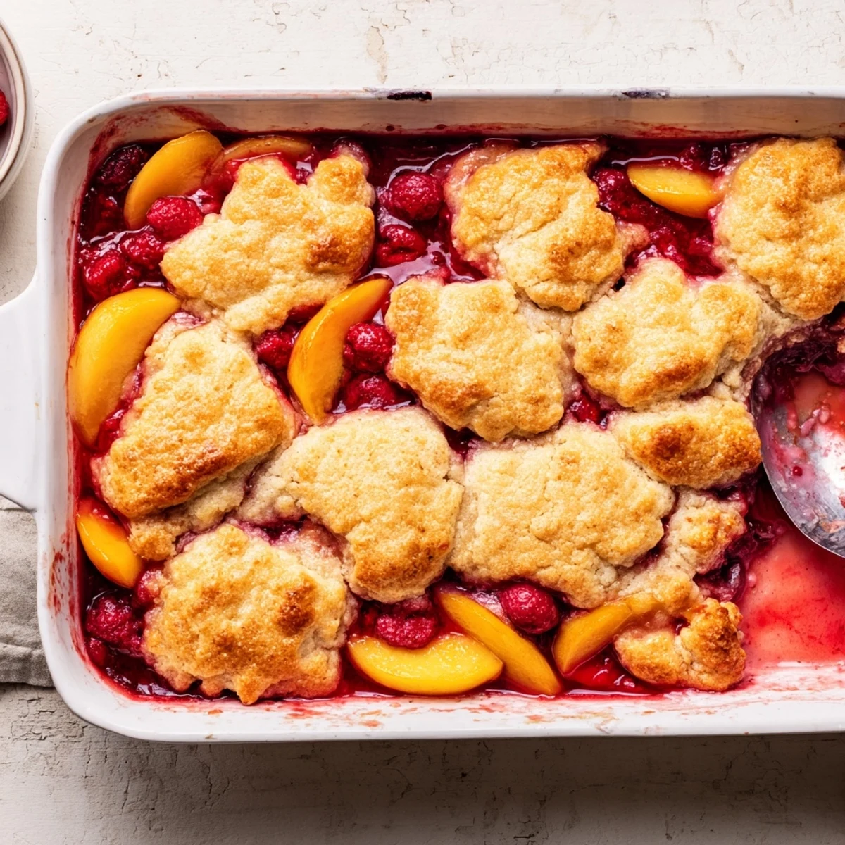 Warm peach raspberry cobbler served in a baking dish with golden brown biscuit topping and vanilla ice cream