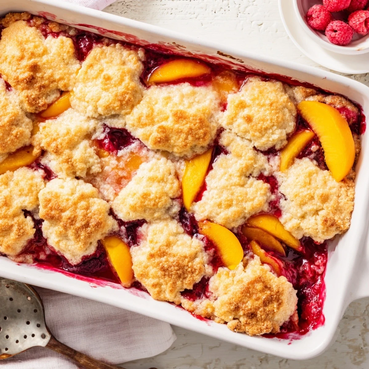 Fresh baked peach raspberry cobbler with juicy berry fruit layer and crisp golden biscuit crust ready to serve