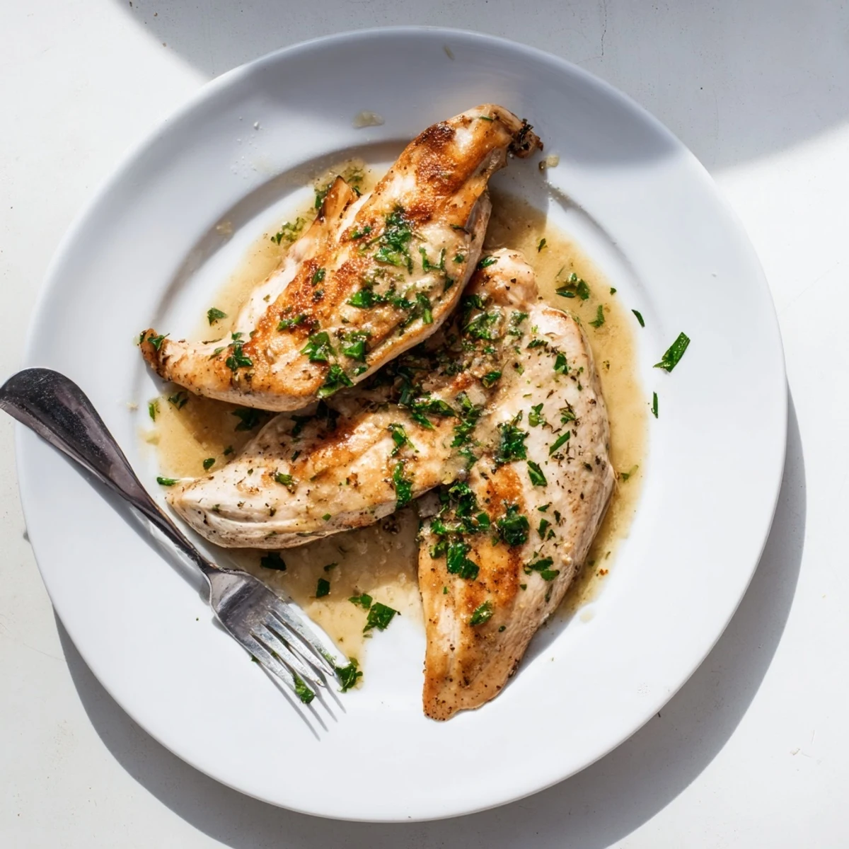 Golden seared turkey chops resting in a creamy lemon mustard pan sauce garnished with fresh parsley