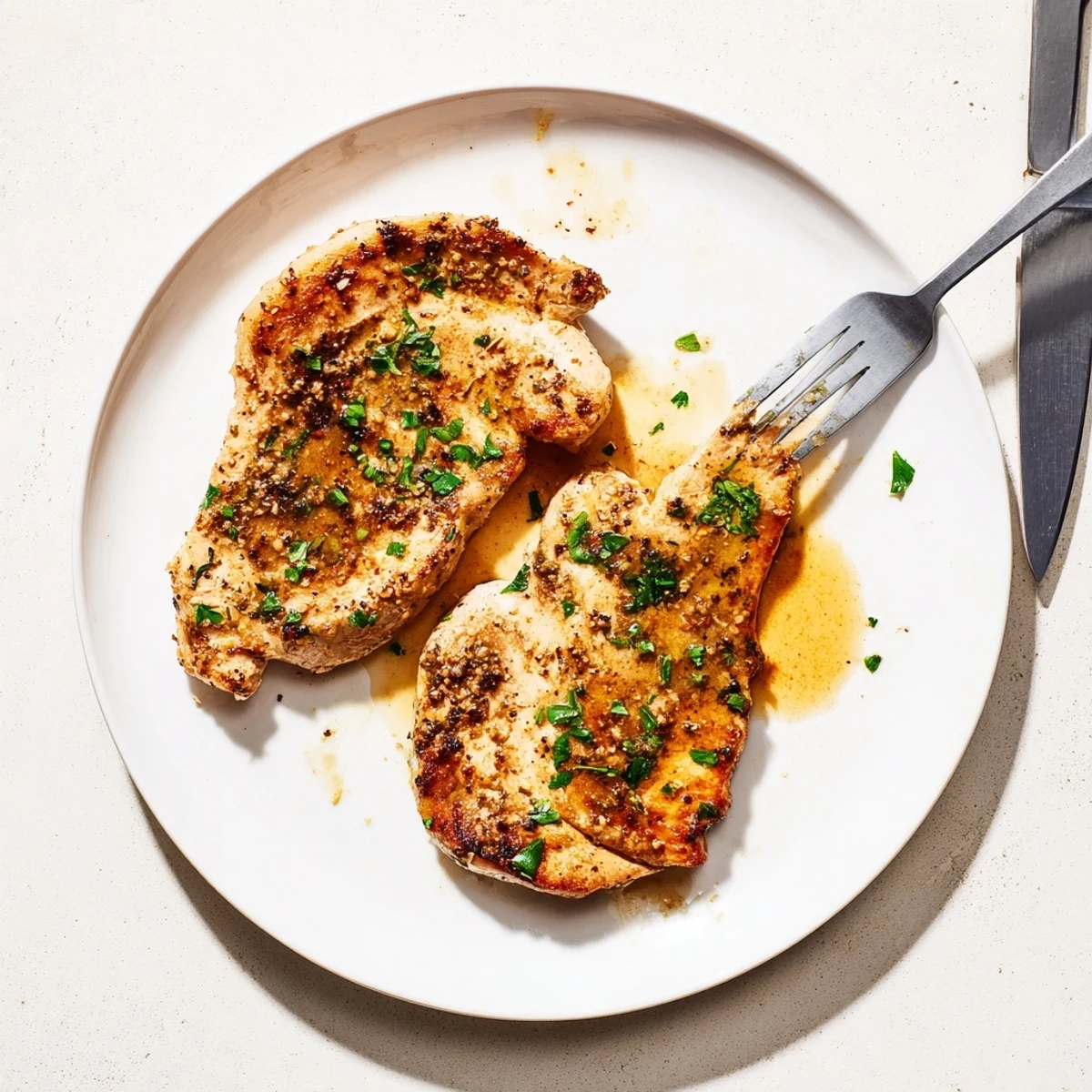 Juicy turkey chops plated with savory pan sauce drizzled over the golden brown meat