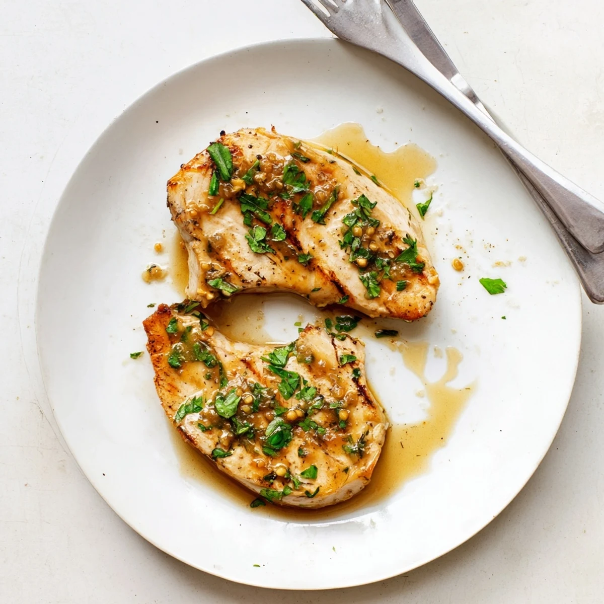 Herb seasoned turkey chops sizzling in a skillet with rosemary and thyme aromatics