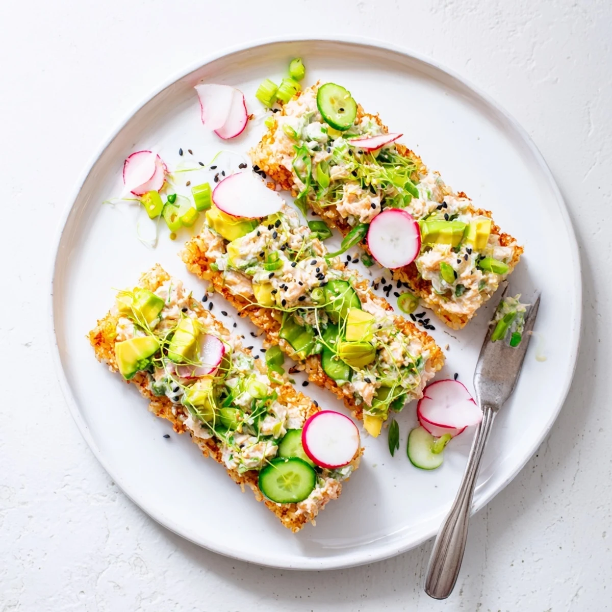 Golden crispy rice patties topped with savory tuna salad and fresh vegetable garnish