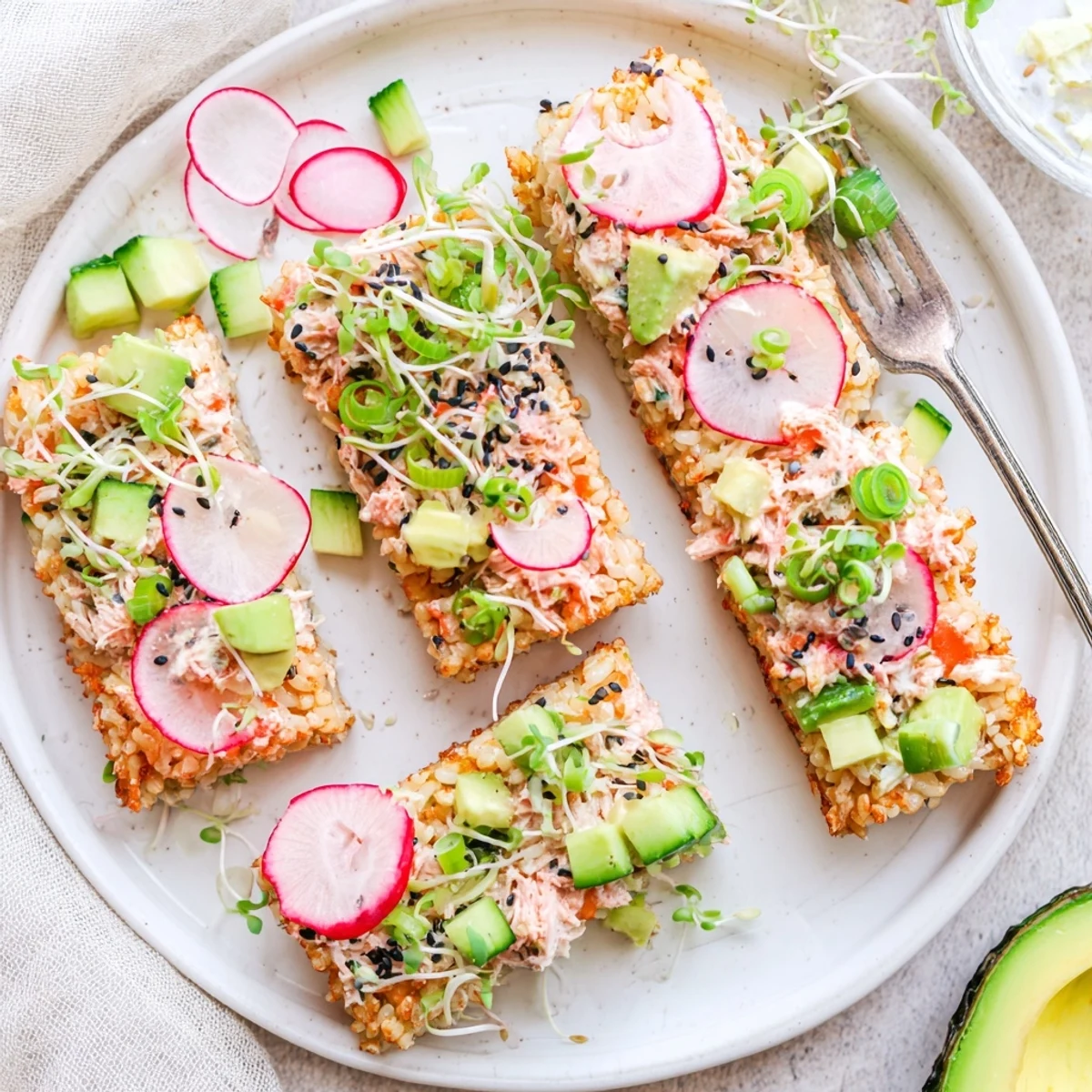 Vibrant crispy rice tuna salad featuring crunchy fried rice bases with creamy avocado