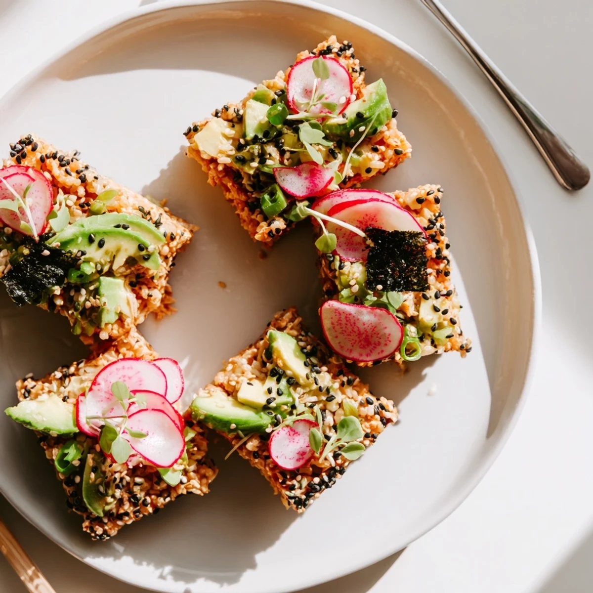 Platter of crispy rice tuna salad appetizers topped with cucumber radishes and microgreens