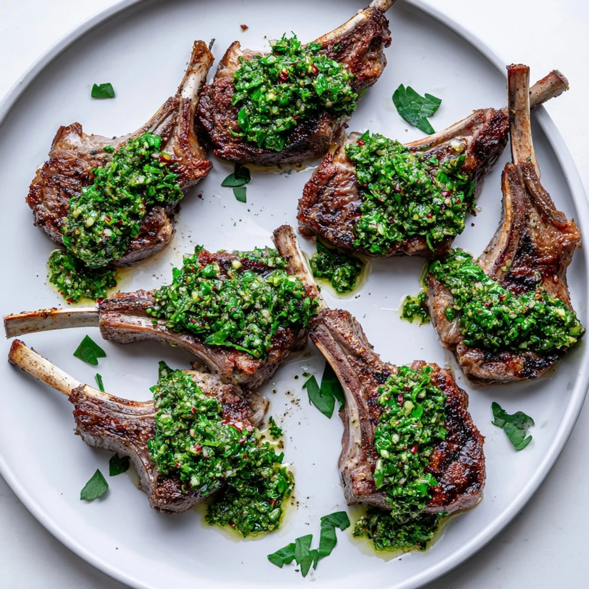 Tender grilled lamb chops with chimichurri sauce resting on a white serving plate