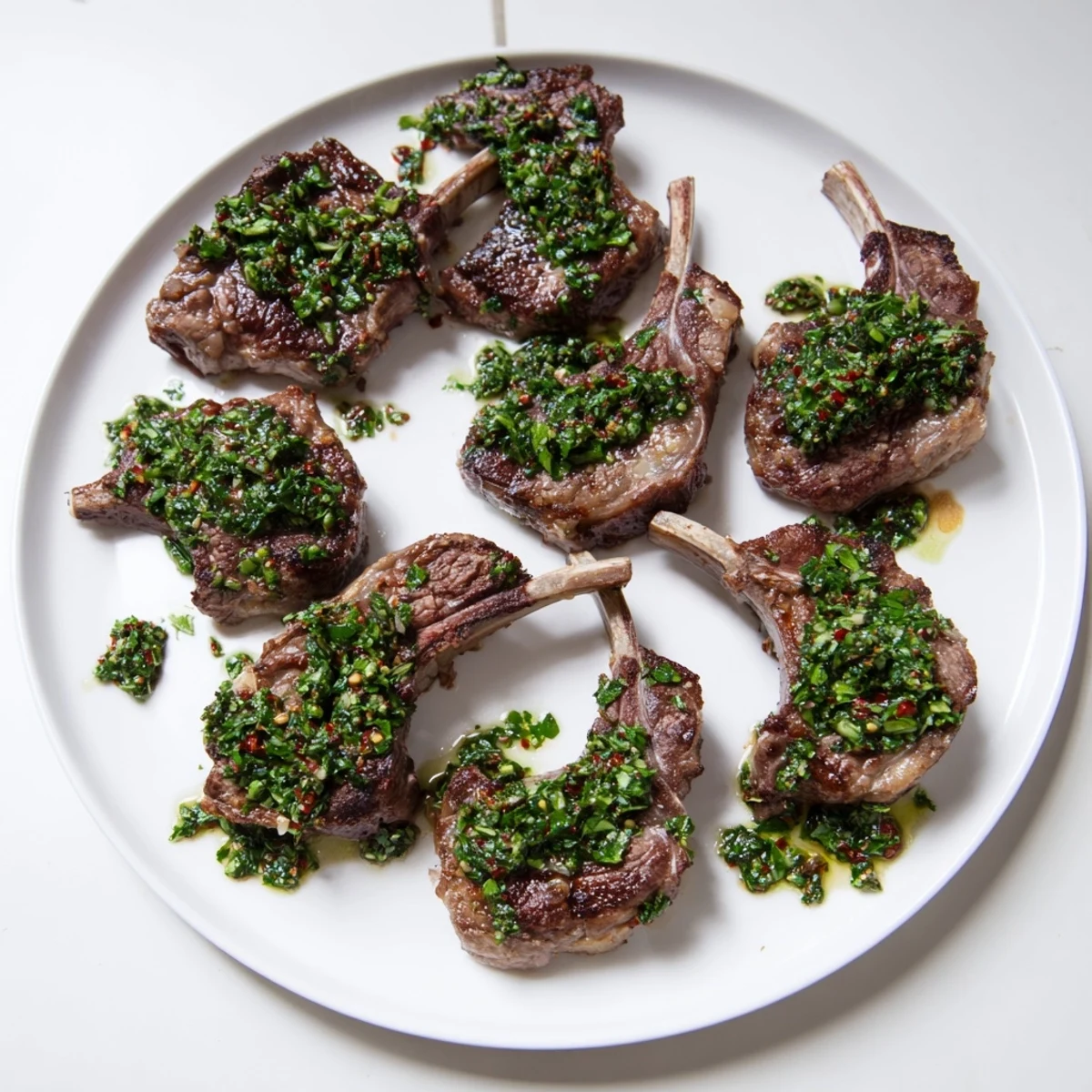 Perfectly cooked lamb chops drizzled with vibrant green chimichurri for a fresh main course