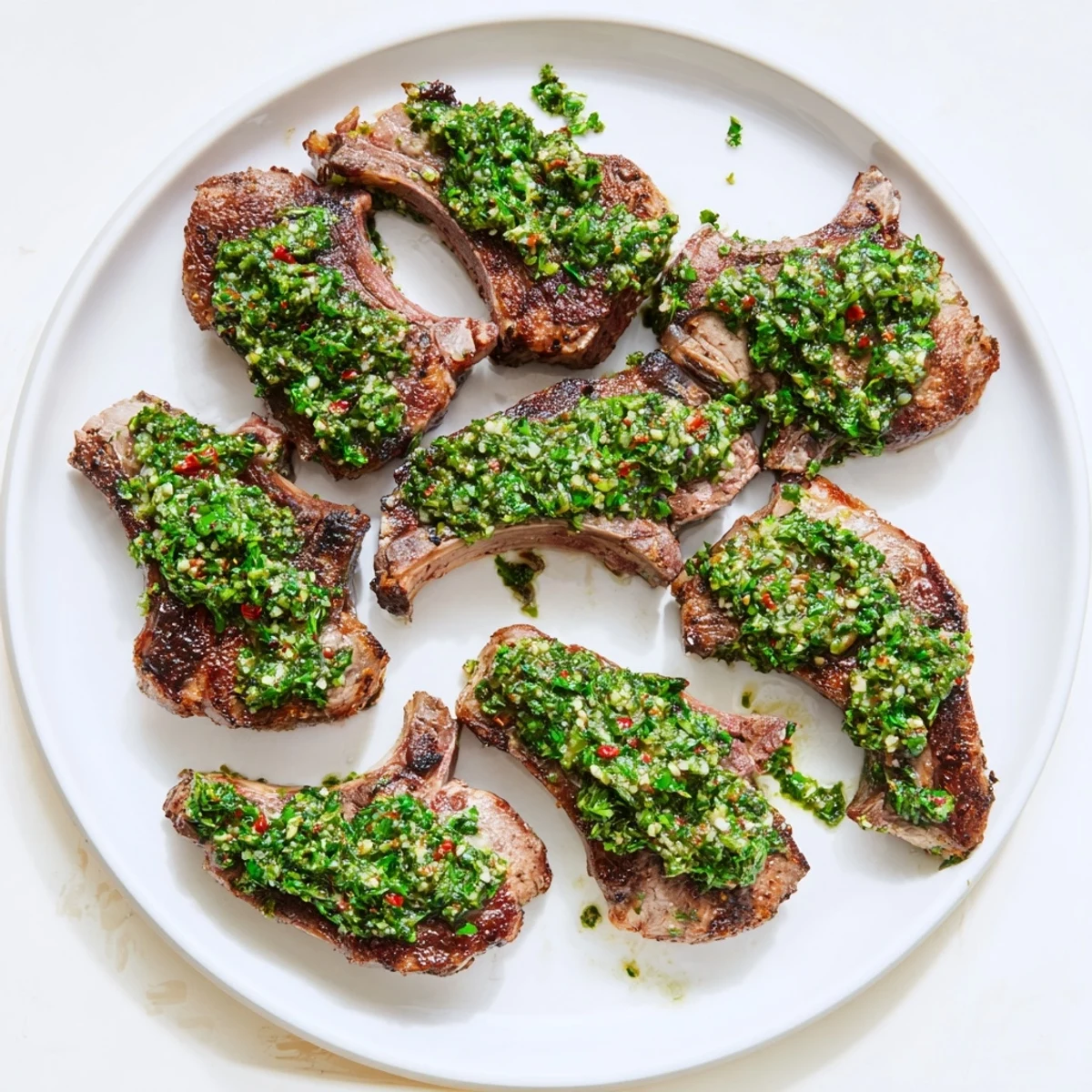 Sizzling lamb chops topped with herby chimichurri sauce, garnished with fresh parsley sprigs