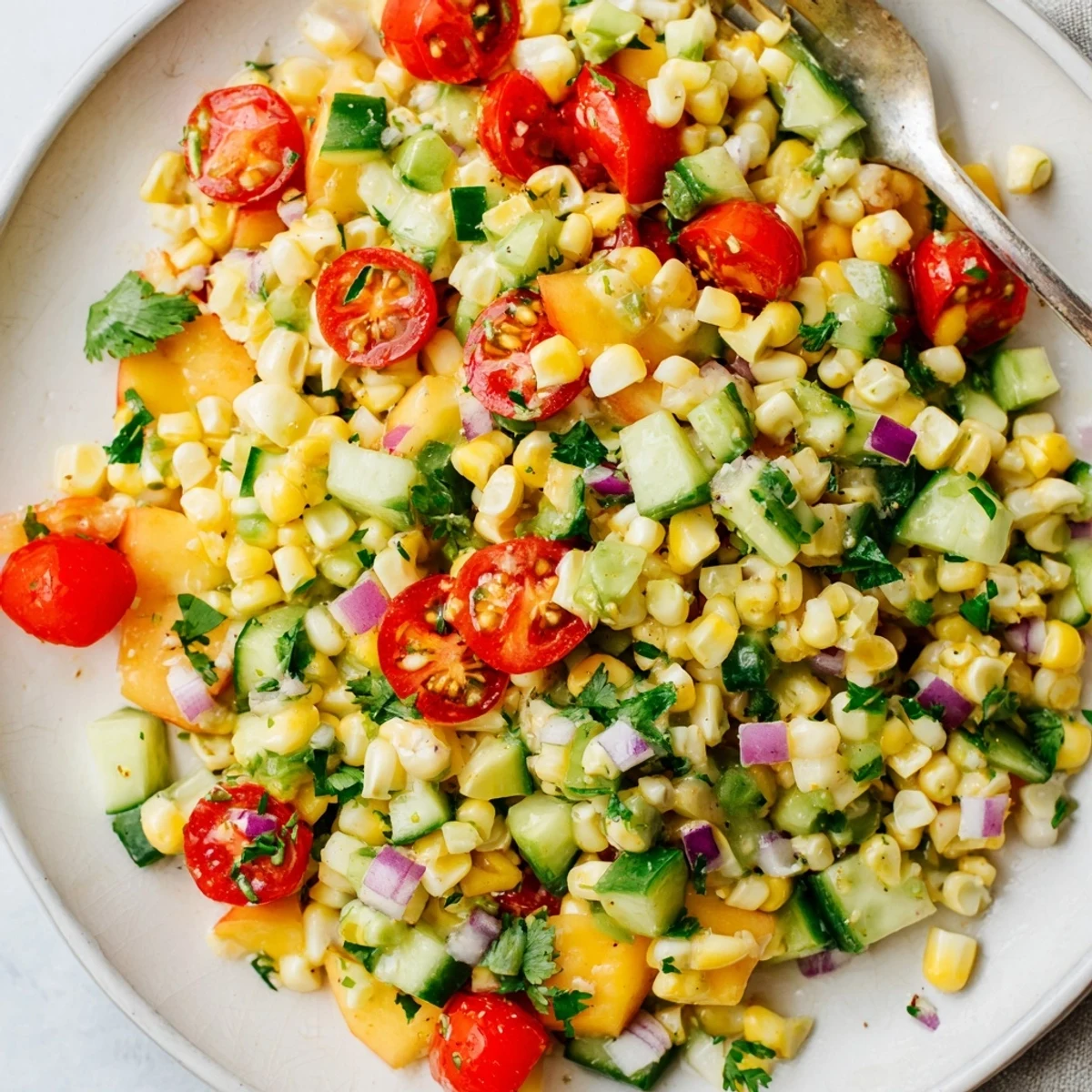 Golden sweet corn and juicy ripe peaches tossed in tangy honey lime dressing