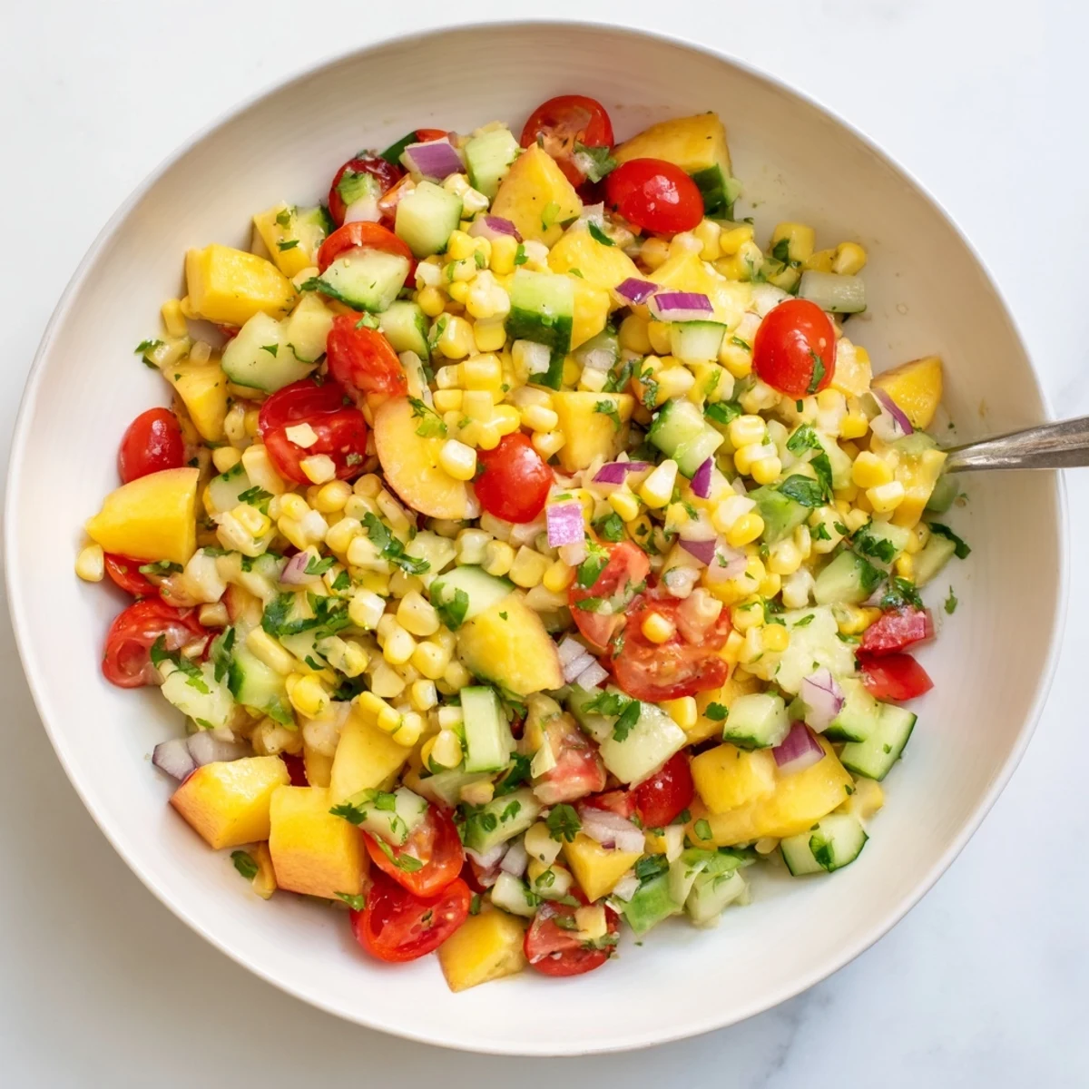 Fresh peach corn salad with honey lime dressing in a white serving bowl