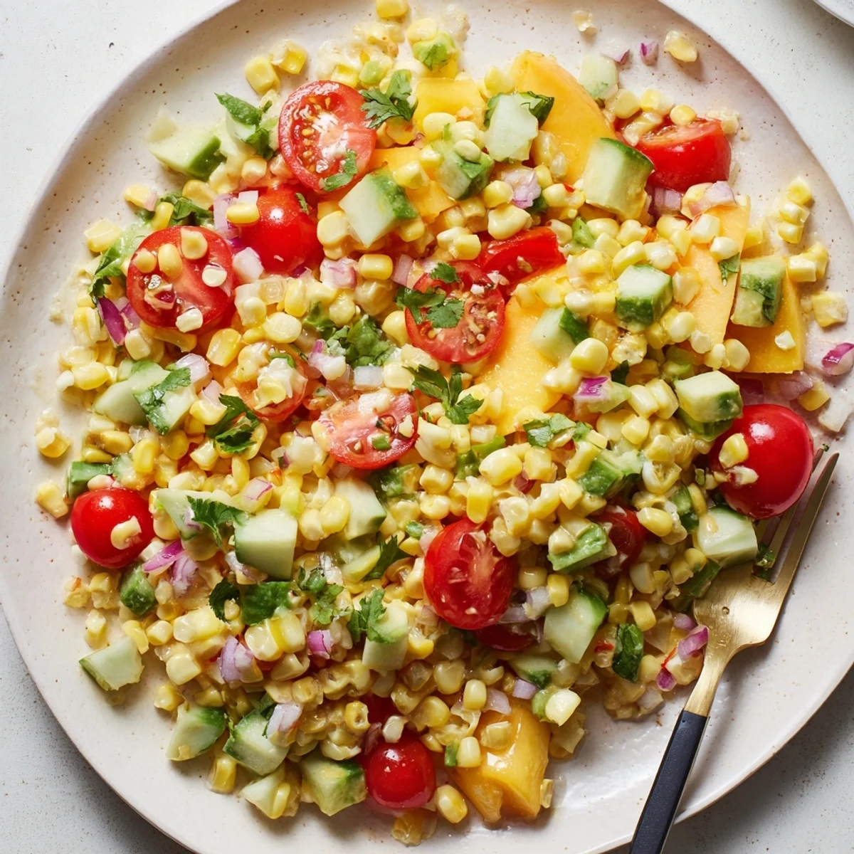 Colorful summer bowl of fresh peach corn salad drizzled with zesty honey lime dressing