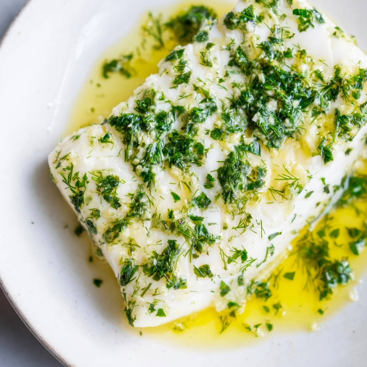 Golden baked halibut fillets topped with melting herb butter and fresh parsley on a white plate