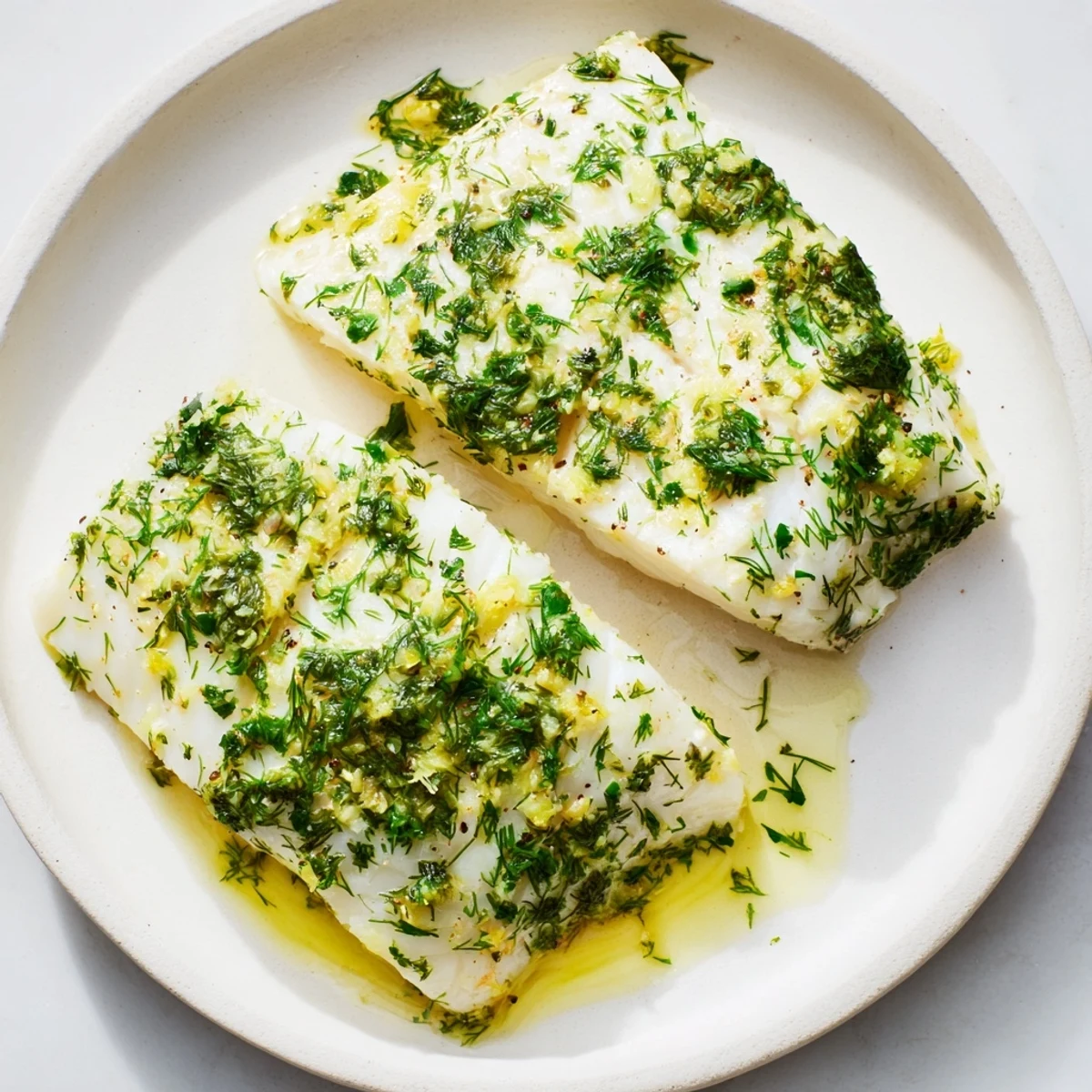 Oven roasted halibut with melted parsley dill butter served on a baking sheet with fresh herbs