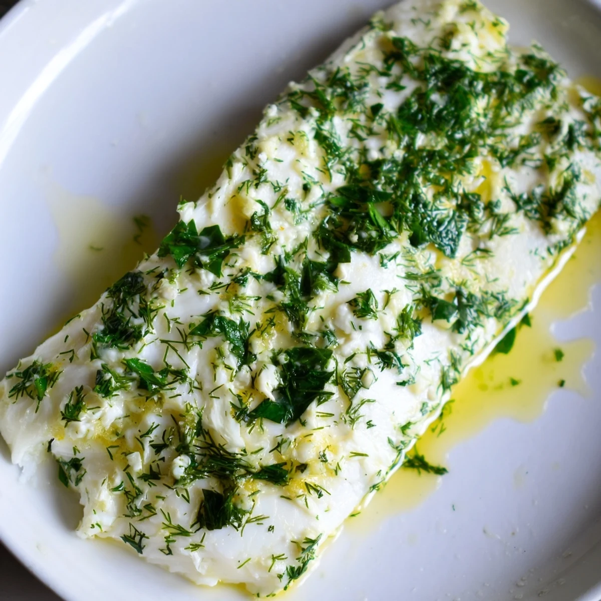 Flaky white halibut baked with lemon garlic herb butter sauce and garnished with lemon wedges