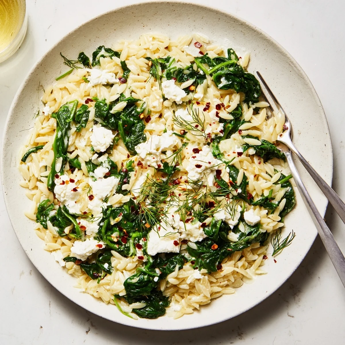 Vibrant one pan lemon orzo with spinach and feta served in a shallow white bowl