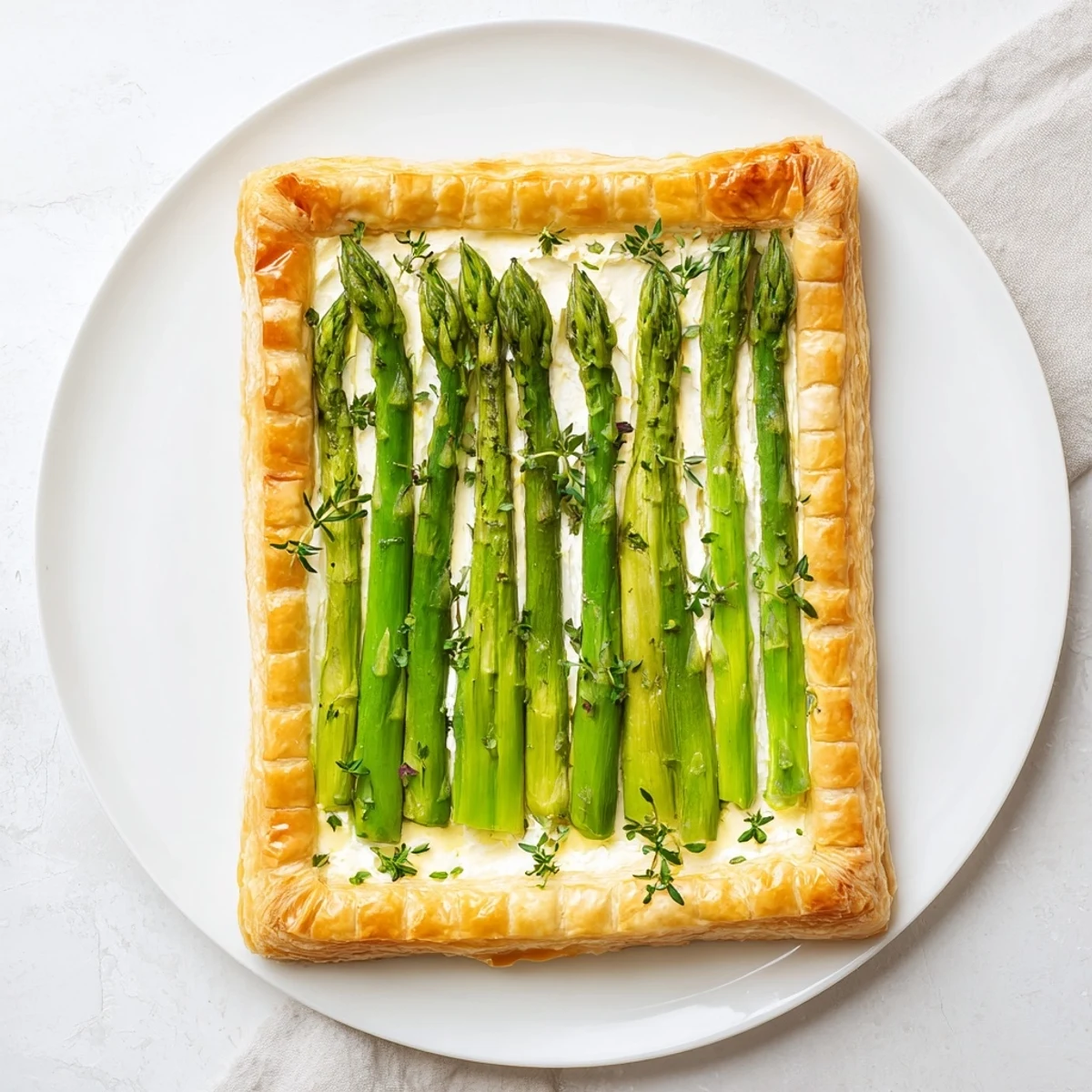 Golden asparagus goat cheese tart with crisp puff pastry and fresh thyme garnish