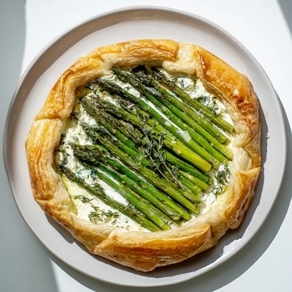 Flaky French-style tart featuring vibrant green asparagus spears over creamy goat cheese filling