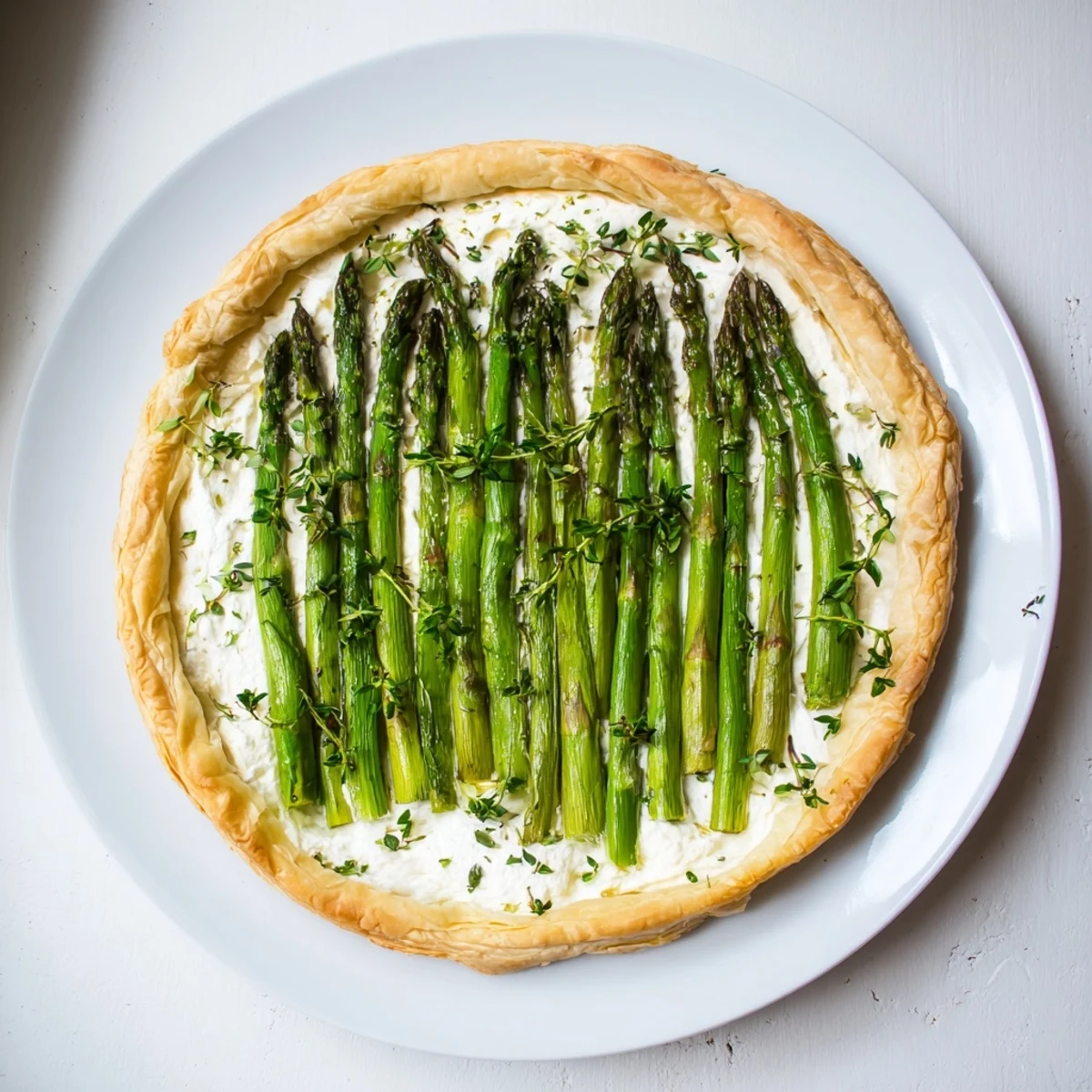Baked asparagus goat cheese tart arranged on golden pastry, ready for spring brunch service