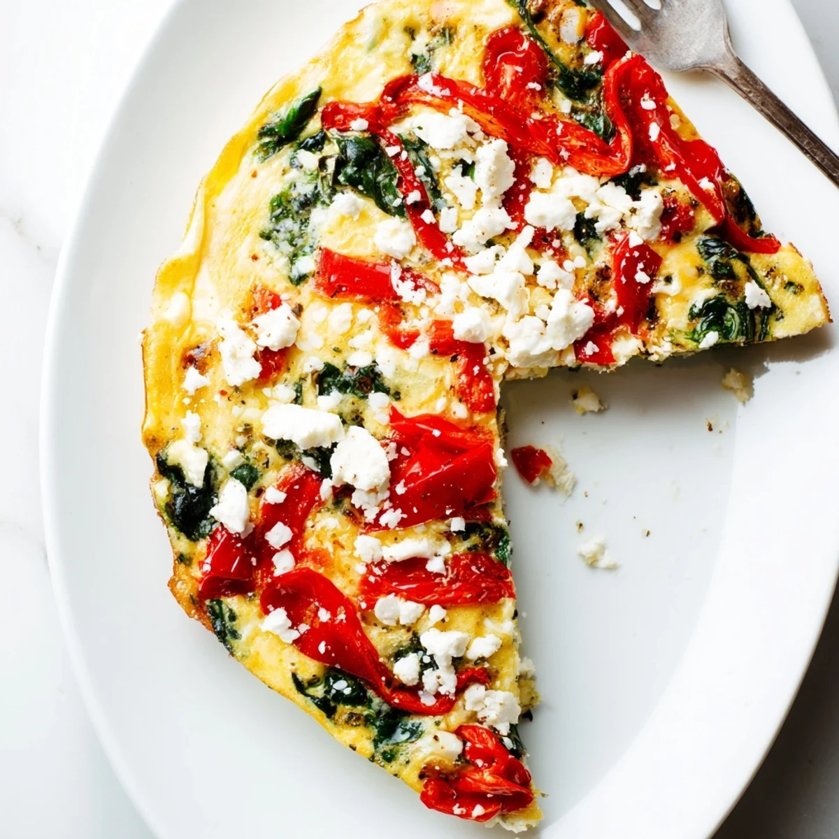 Golden roasted red pepper spinach baked frittata with melted cheese topping, freshly sliced for serving