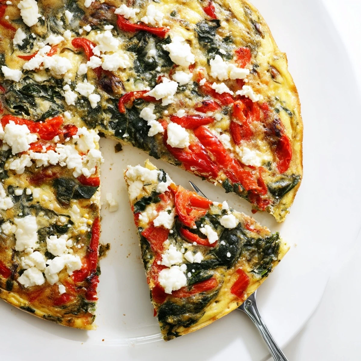 Fluffy roasted red pepper spinach baked frittata speckled with colorful vegetables and golden bubbling cheese