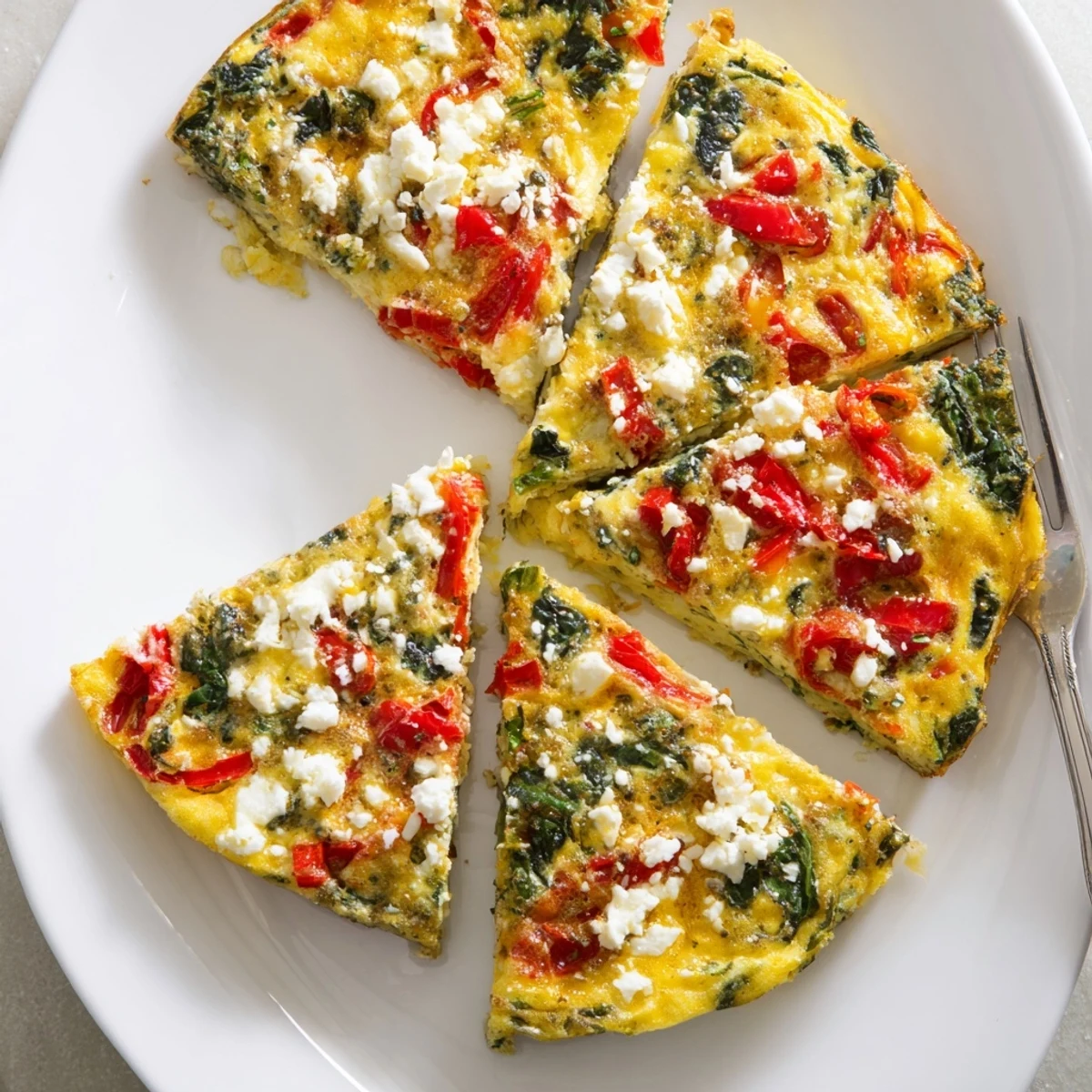 Mediterranean-style baked frittata featuring vibrant roasted red peppers, tender spinach, and creamy feta cheese