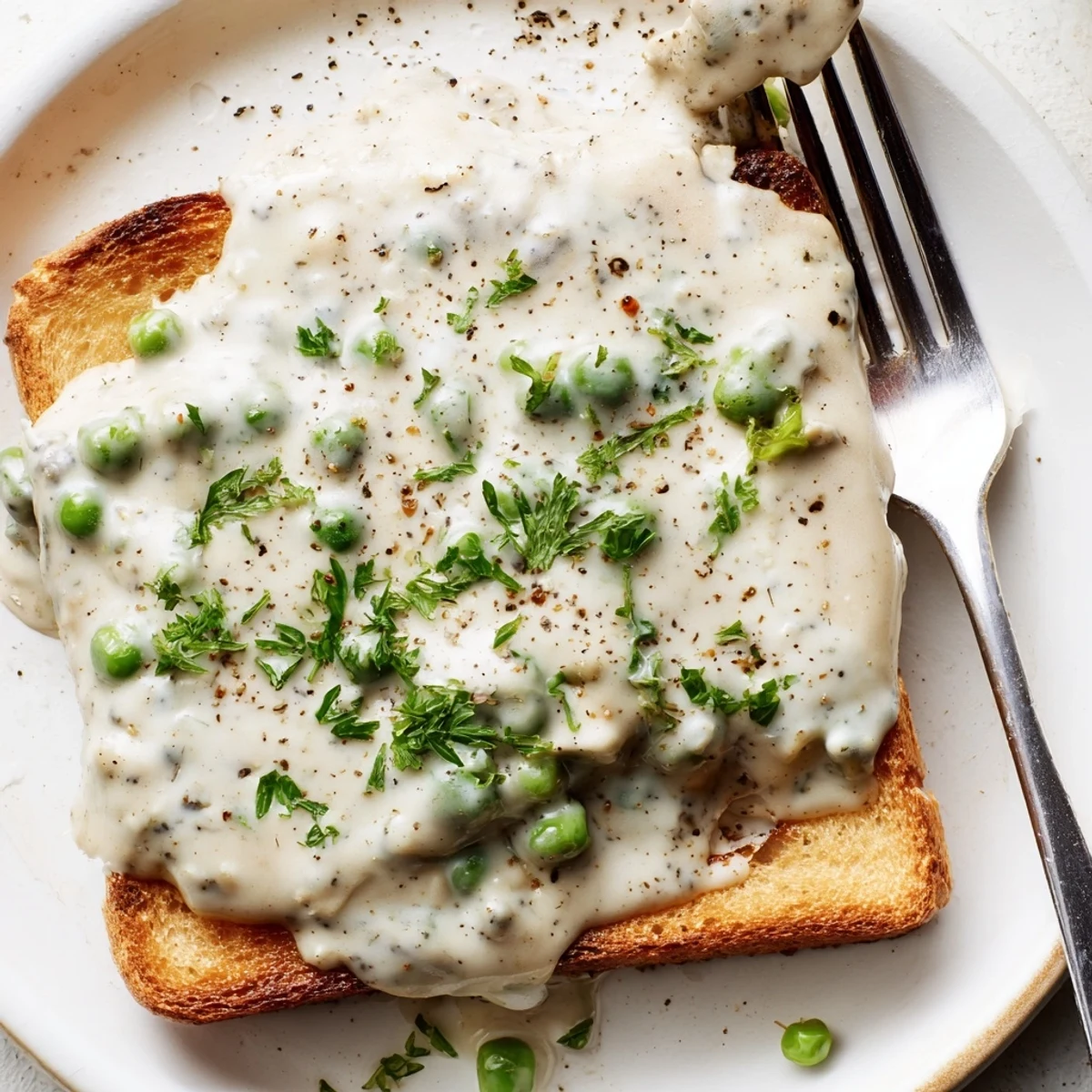 Golden creamed peas on toast topped with fresh parsley and black pepper