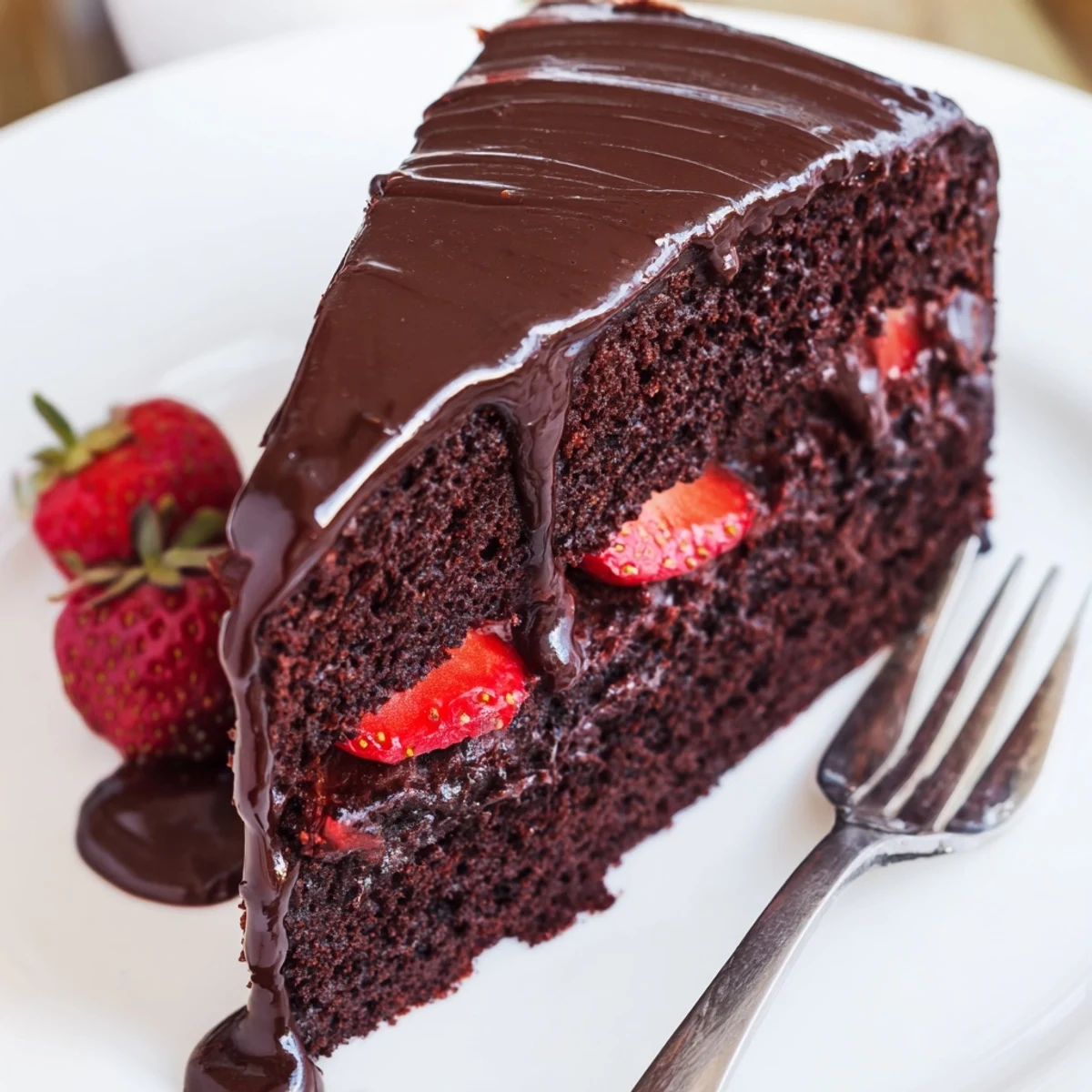 Decadent strawberry chocolate cake layered with fresh berries and glossy chocolate ganache dripping down the sides