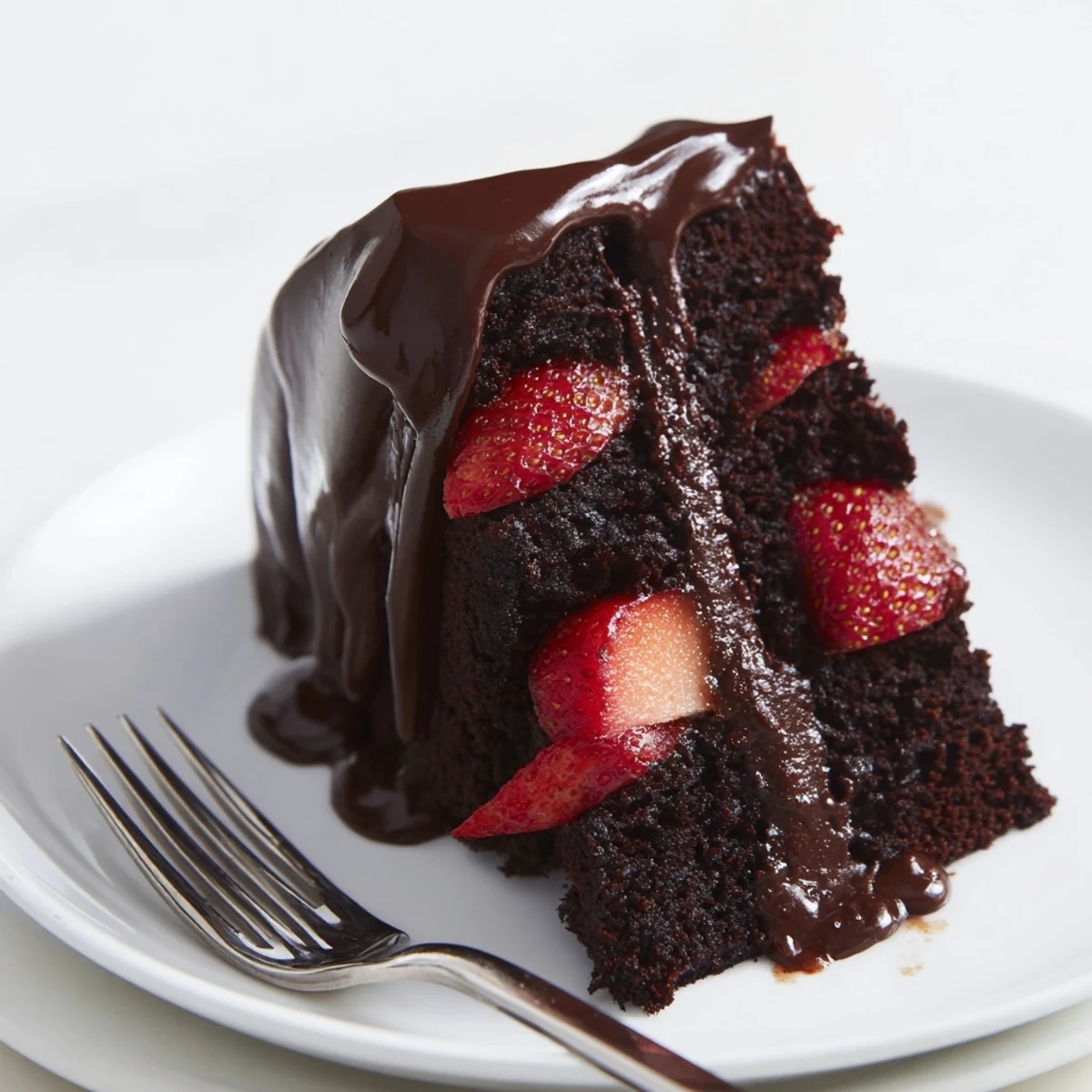 Moist chocolate cake stacked with juicy sliced strawberries and rich ganache on a serving platter
