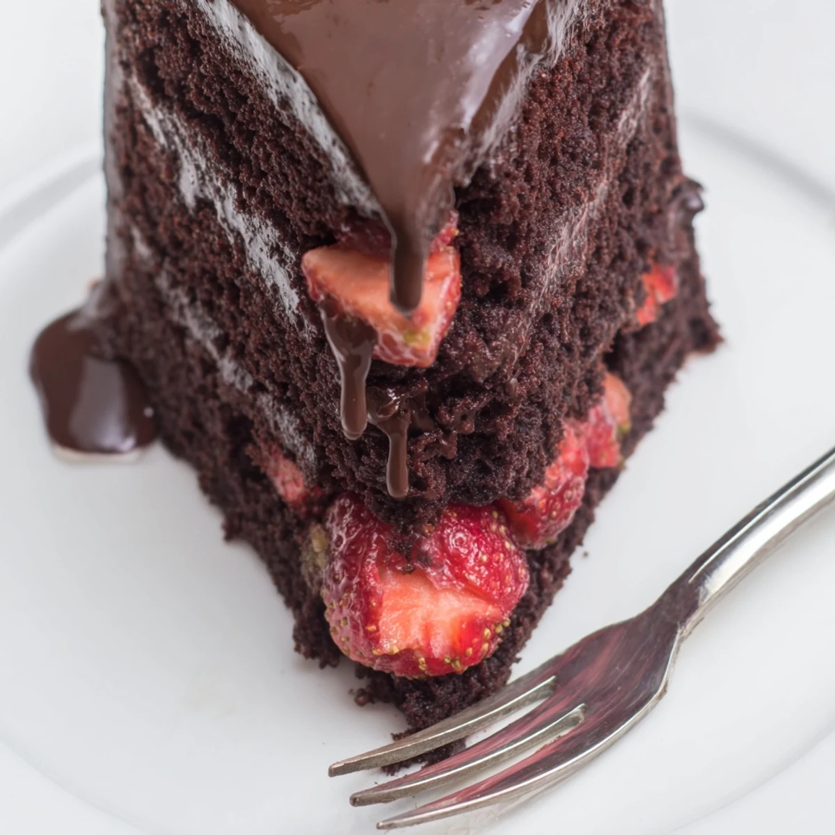 Two-tier strawberry chocolate cake topped with macerated berries and poured chocolate frosting garnished with fresh fruit