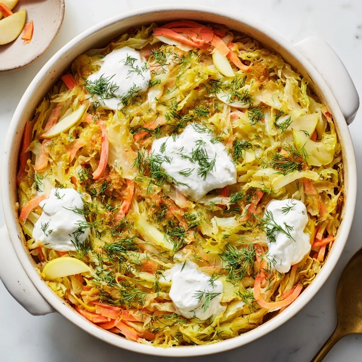 Layers of tender slow-roasted cabbage and tangy sauerkraut bubbling in a rustic casserole dish