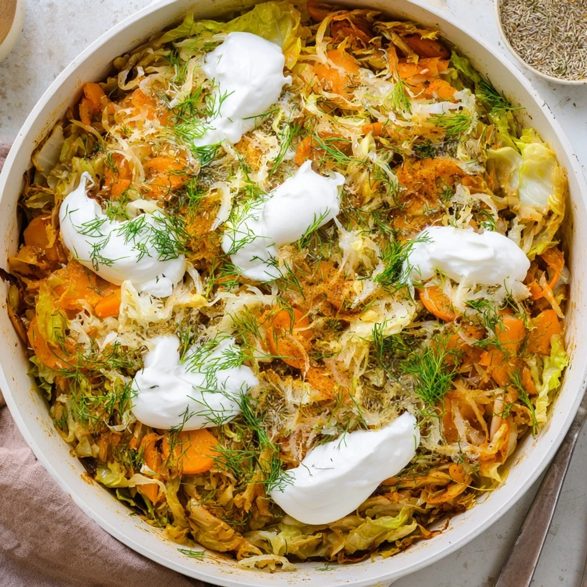 Golden brown slow roasted cabbage and sauerkraut casserole garnished with fresh green dill sprigs