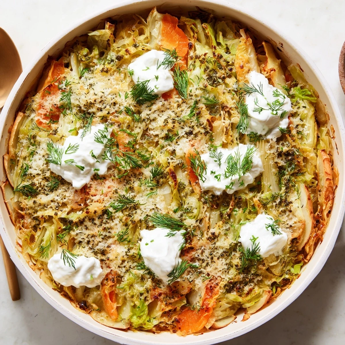 Hearty German-style cabbage and sauerkraut casserole baked until golden and topped with fresh herbs