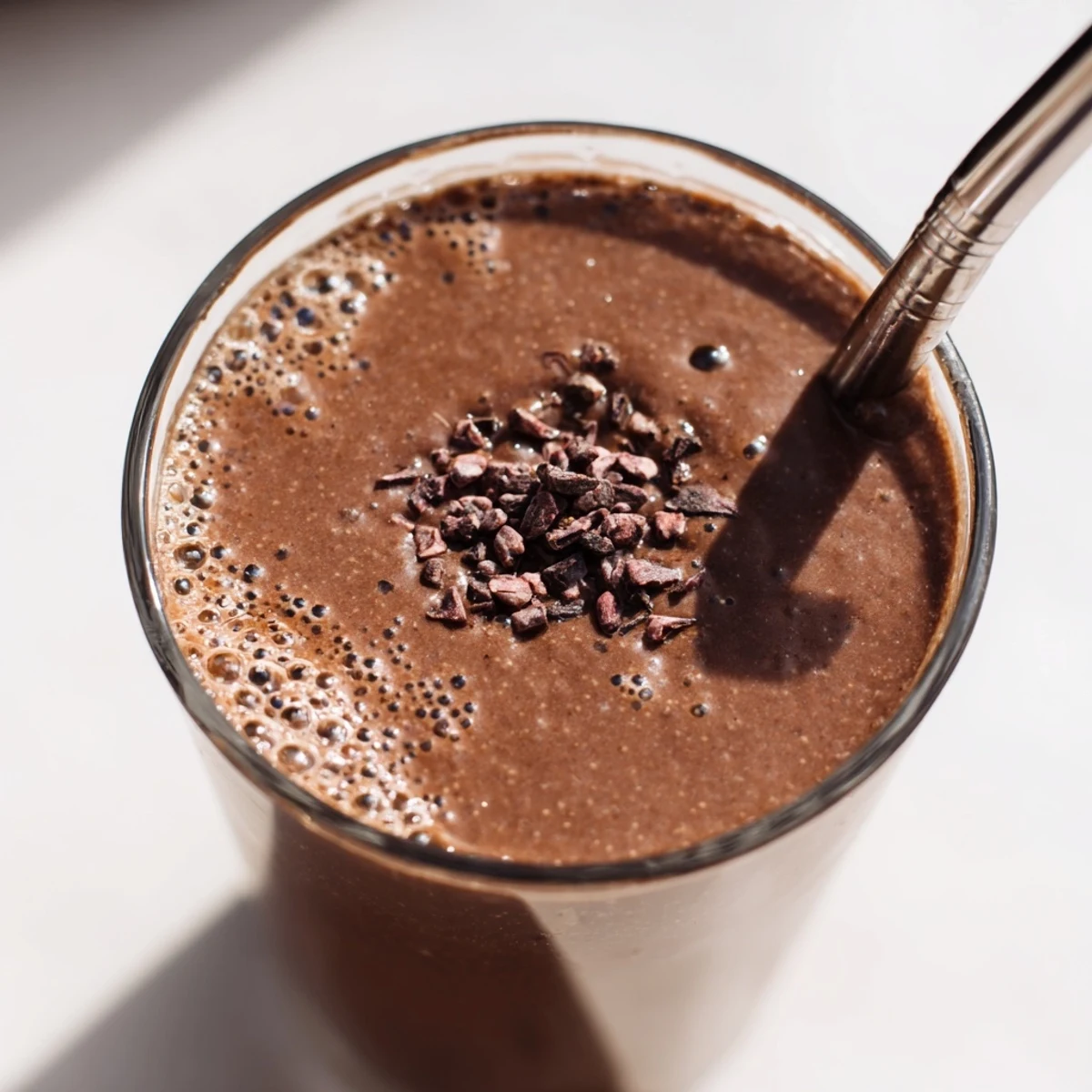 Frothy raw chocolate banana shake poured into glasses with maple syrup drizzle on top