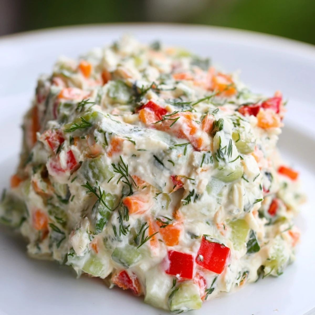 Creamy garden vegetable spread topped with colorful diced peppers and fresh herbs on a crackers platter
