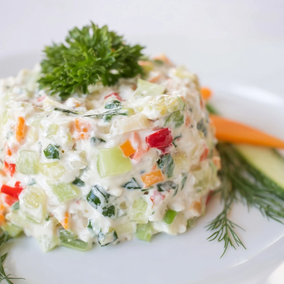 Vibrant garden vegetable spread in white bowl surrounded by crisp bread and herb garnish