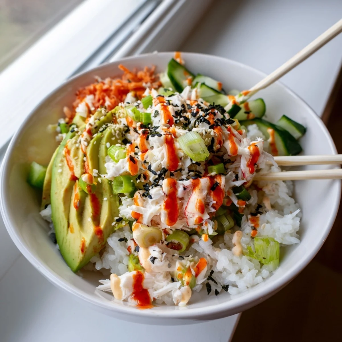 Colorful California roll sushi bowl topped with crab avocado cucumber and nori strips
