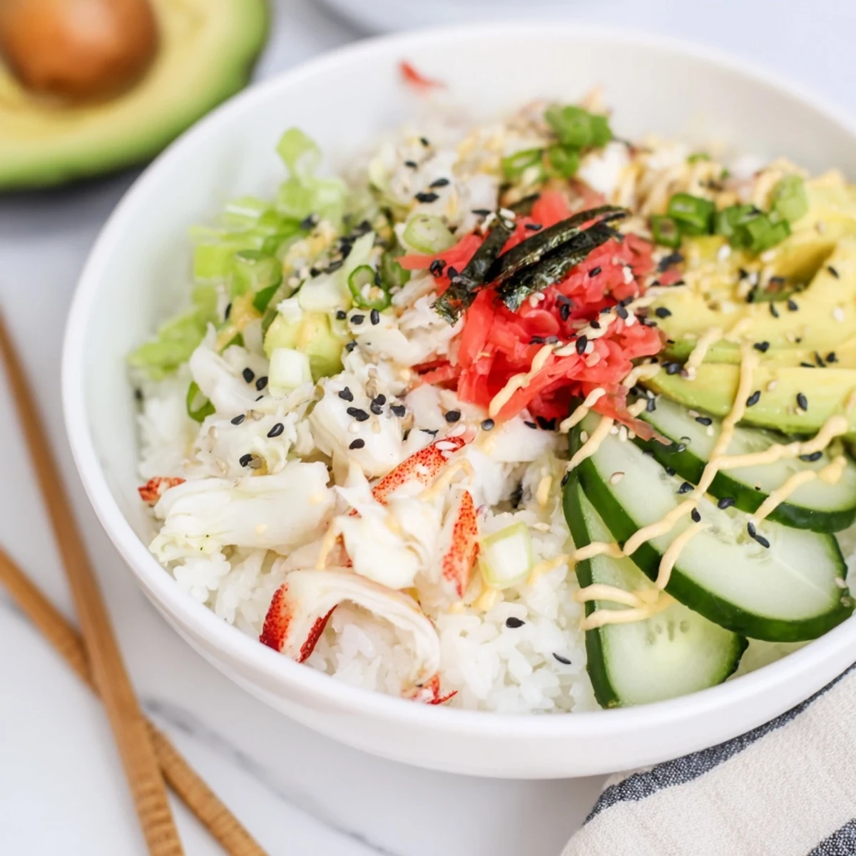 Bowl of seasoned sushi rice piled with crab avocado cucumber and spicy mayo drizzle