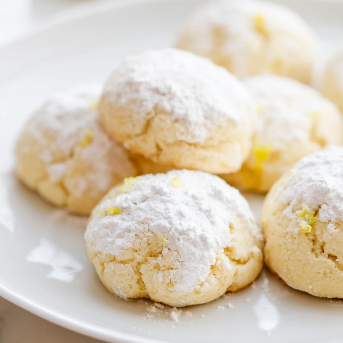 Soft chewy lemon cookies with golden edges and dusting of powdered sugar on white plate