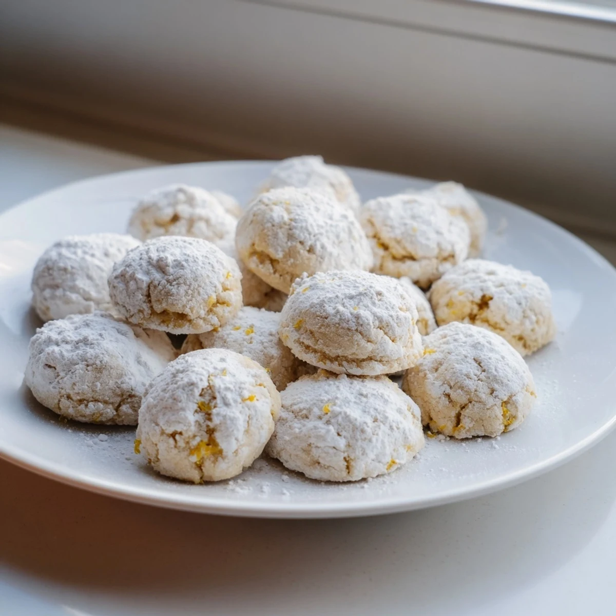 Batch of soft lemon cookies with cracked tops arranged on wooden cutting board