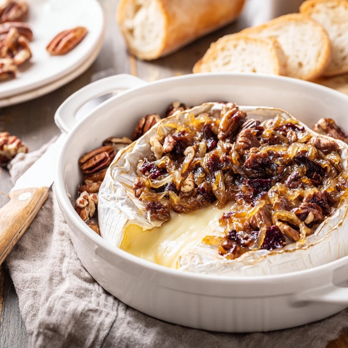 Golden wheel of baked brie with caramelized onions and toasted pecans served on rustic wooden board with crackers