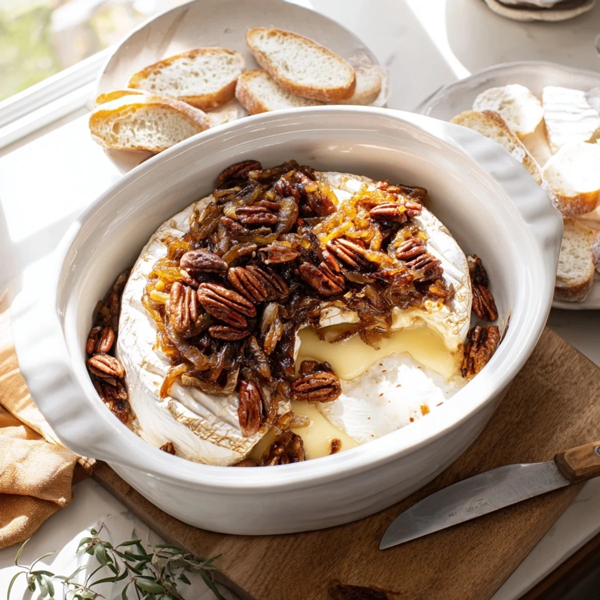 Warm creamy baked brie oozing onto sweet golden onions and crunchy pecan topping on white serving platter