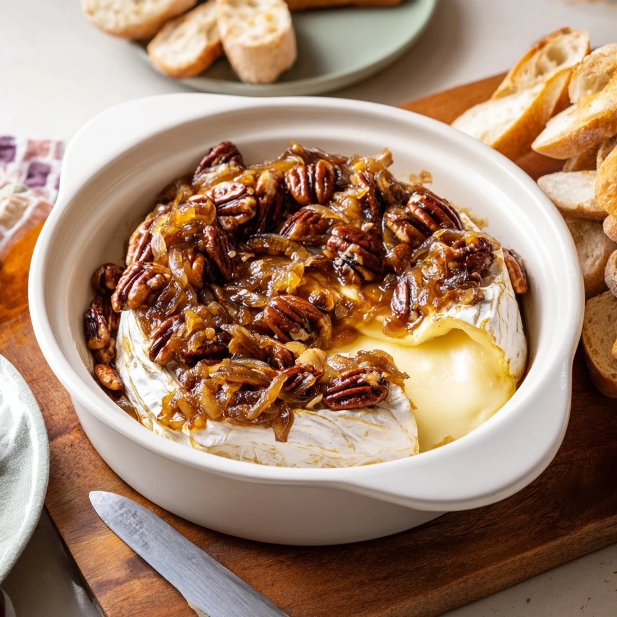 French-style baked brie appetizer topped with rich caramelized onions and pecans alongside baguette slices for dipping