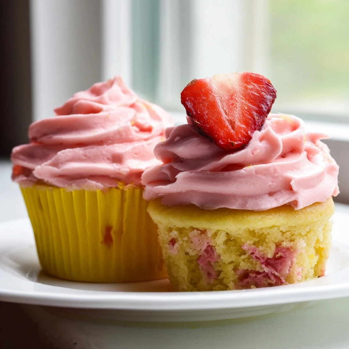 Light and fluffy strawberry lemonade cupcakes topped with creamy pink strawberry buttercream frosting