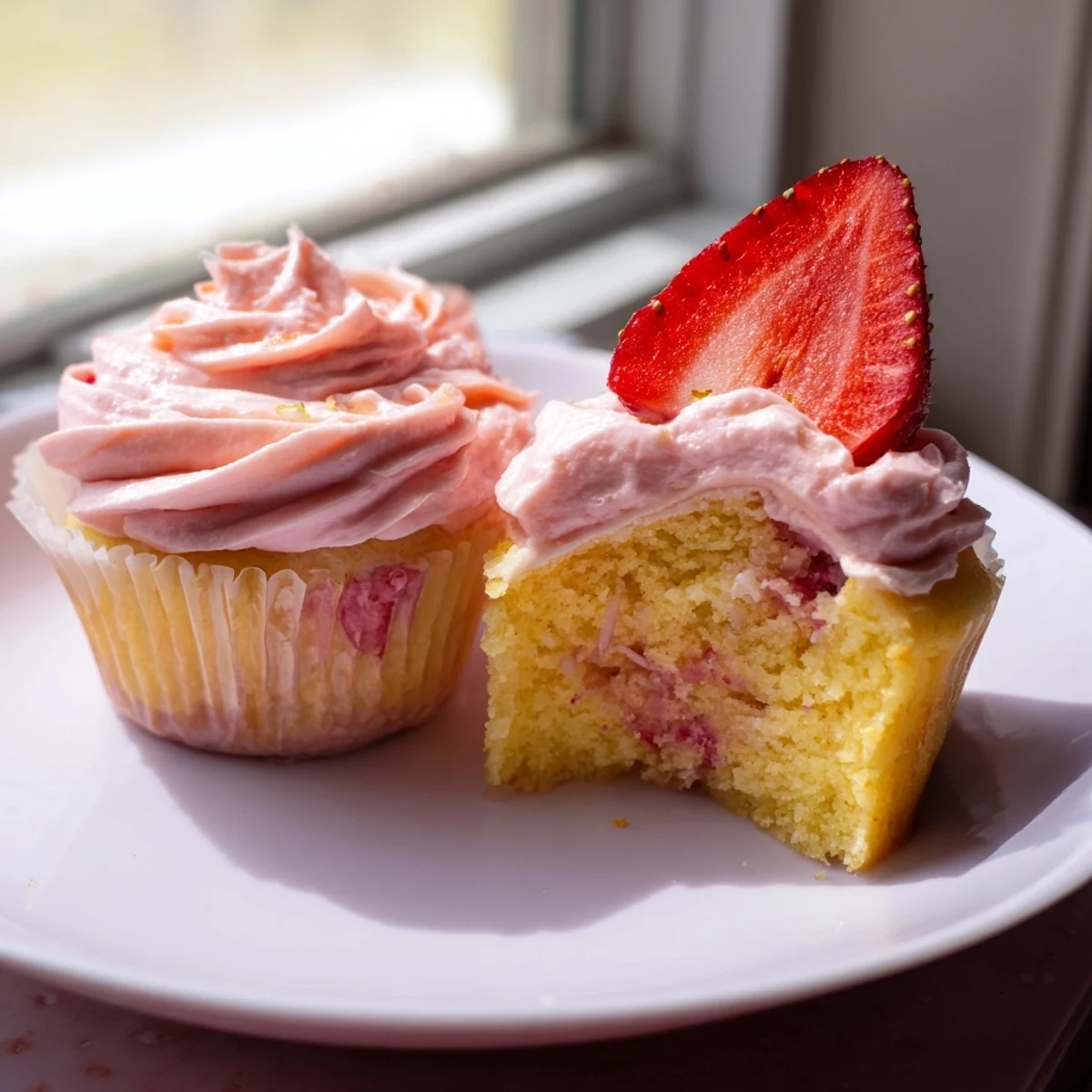 Pink frosted strawberry lemonade cupcakes garnished with fresh strawberry slices on a white plate